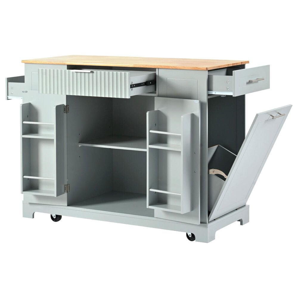 HOMLUX 47" Fluted Kitchen Island with Trash Can Storage Cabinet in Grey, Blue and Natural, , large