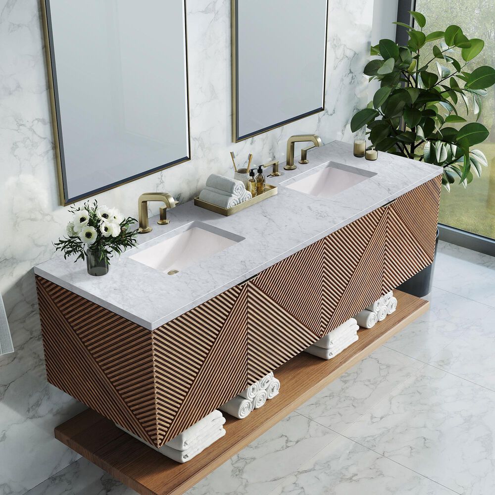 James Martin Vanities Marcello 72" Double Bathroom Vanity in Chestnut with 3 cm Carrara White Marble Top and Rectangular Sinks, , large