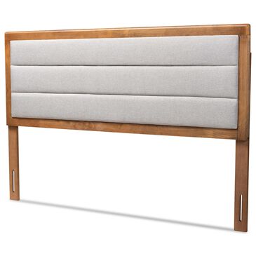 Baxton Studio Dexter King Panel Headboard with Light Grey Fabric in Walnut Brown, , large