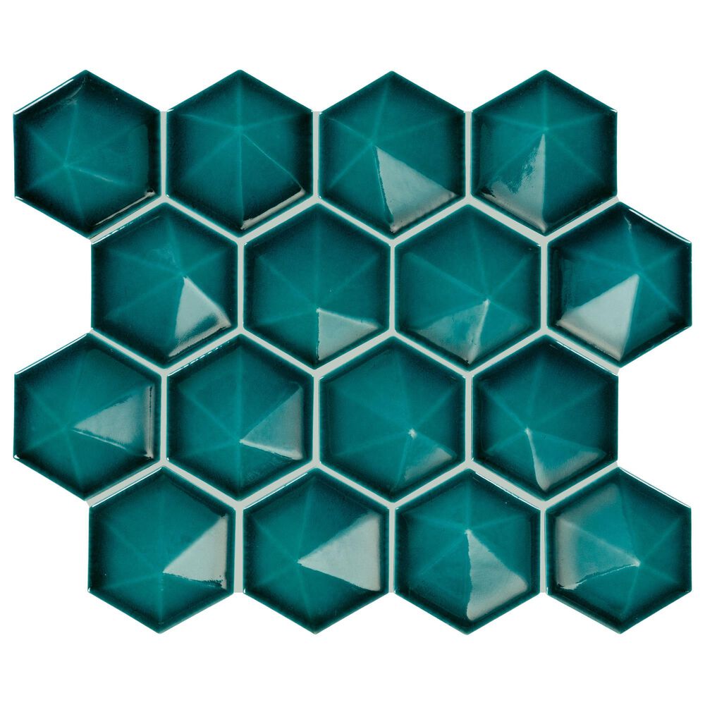 Dal-Tile Artefino Jewel Aquamarine 3" Pyramid Hexagon Apex on 11" x 12" Porcelain Mosaic Sheet, , large