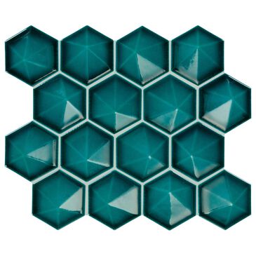 Dal-Tile Artefino Jewel Aquamarine 3" Pyramid Hexagon Apex on 11" x 12" Porcelain Mosaic Sheet, , large