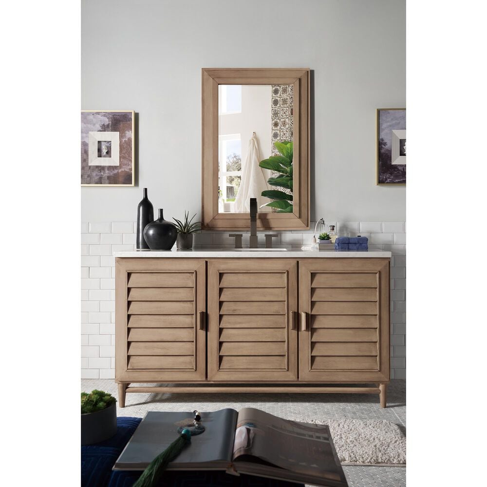 James Martin Vanities Portland 60&quot; Single Bathroom Vanity in Whitewashed Walnut with 3 cm Arctic Fall Solid Surface Top and Rectangular Sink, , large