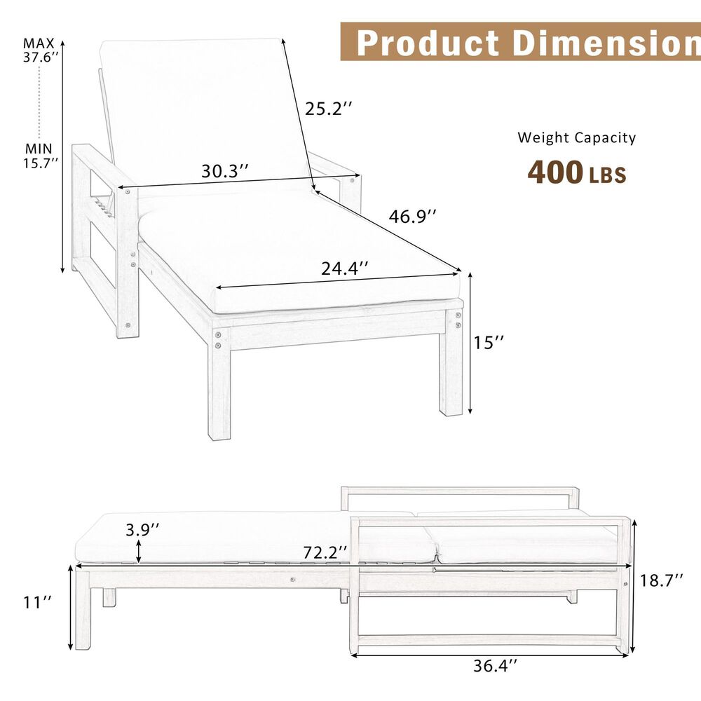 HOMLUX Adjustable Outdoor Chaise Lounge with Armrests and Light Teak Frame in Beige (Set of 2), , large