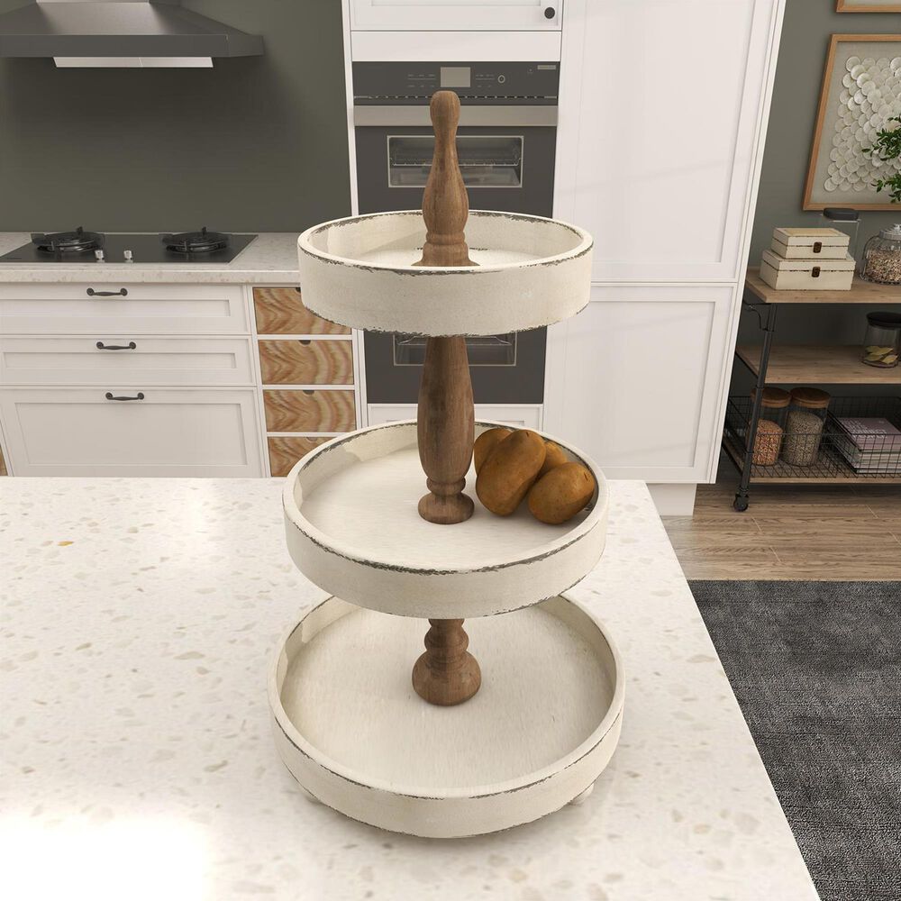Maple and Jade 3-Level Tiered Server in Distressed White and Brown, , large