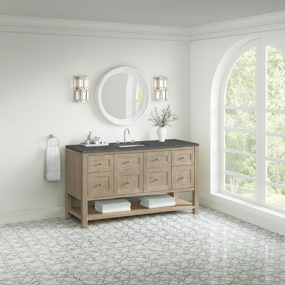 James Martin Vanities Breckenridge 60&quot; Single Bathroom Vanity in Whitewashed Oak with 3 cm Parisien Bleu Quartz Top and Rectangular Sink, , large