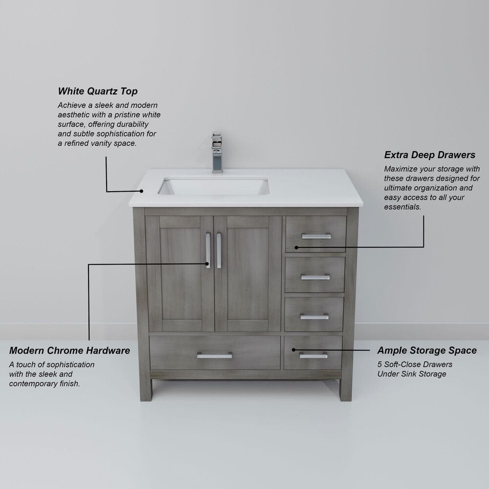 Lexora Home Jacques 36" Left Offset Single Bathroom Vanity in Distressed Grey with 2 cm White Quartz Top and Rectangular Sink, , large