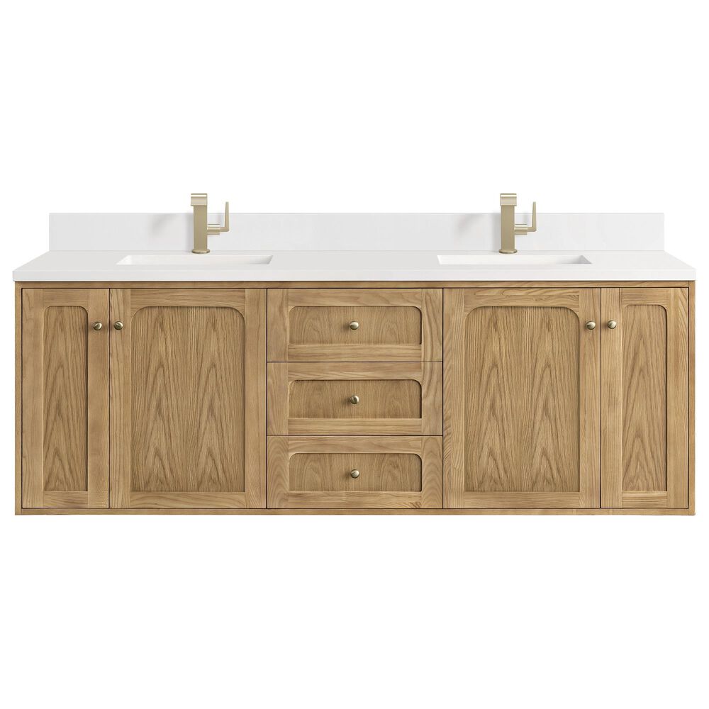 James Martin Vanities Laurent 72" Double Bathroom Vanity in Light Natural Oak with Single Hole 3 cm White Zeus Quartz Top and Rectangular Sinks, , large
