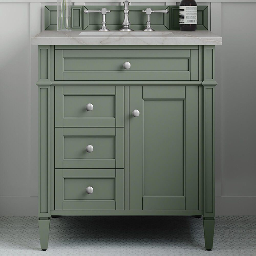 James Martin Vanities Brittany 30" Single Bathroom Vanity in Smokey Celadon with 3 cm Victorian Silver Quartz Top and Rectangular Sink, , large