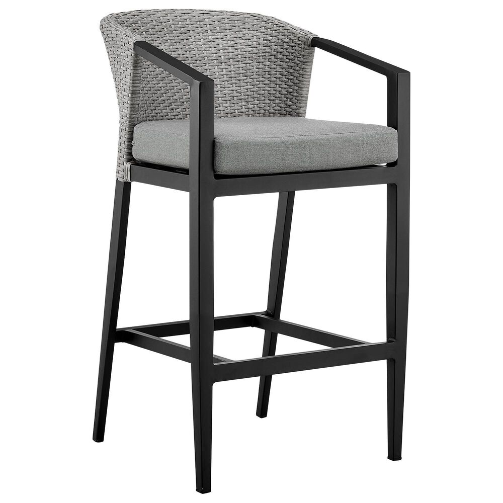 Armen Living Palma Patio Bar Stool with Dark Grey Cushion in Black, , large
