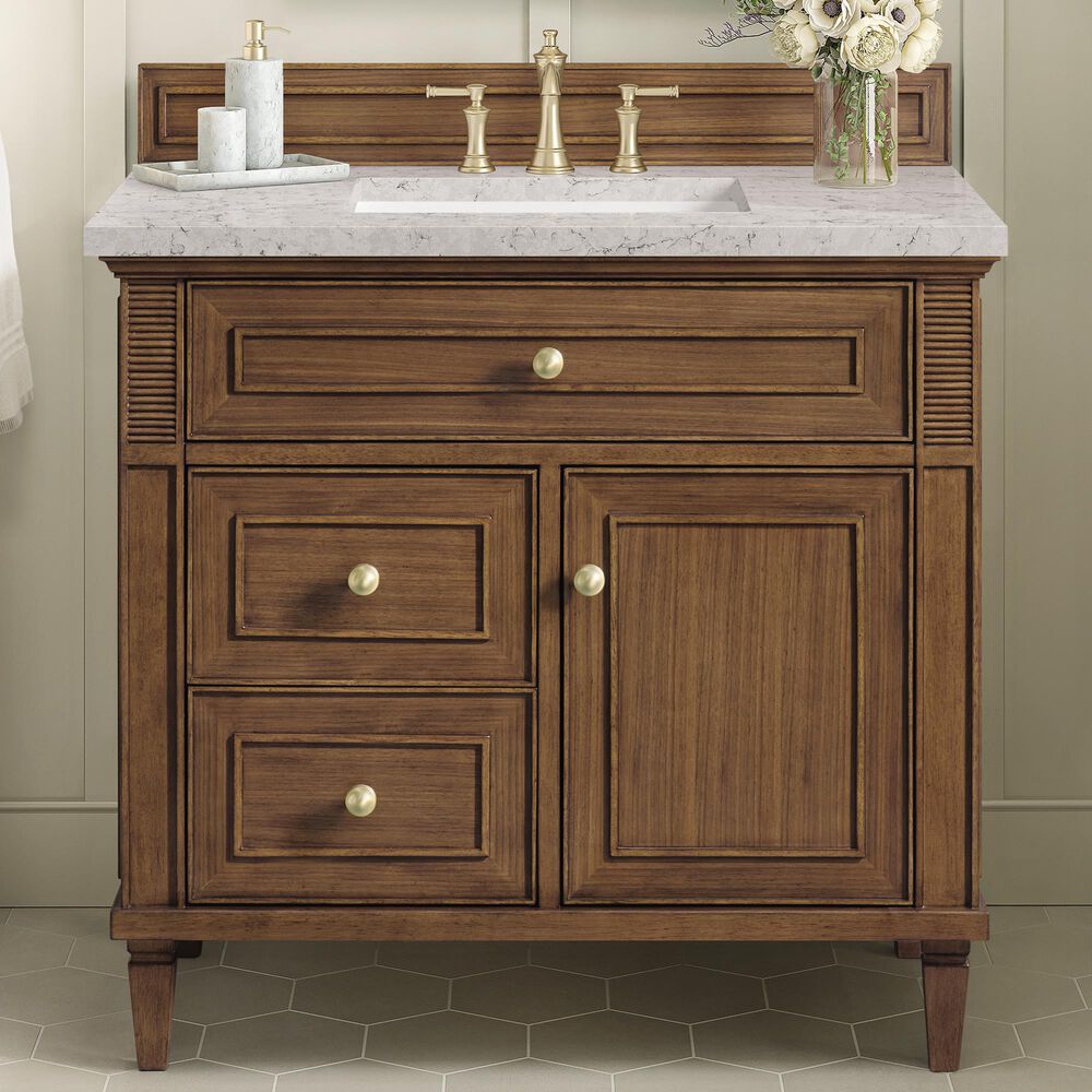 James Martin Vanities Lorelai 36&quot; Single Vanity in Mid-Century Walnut with 3 cm Eternal Jasmine Pearl Quartz Top, , large