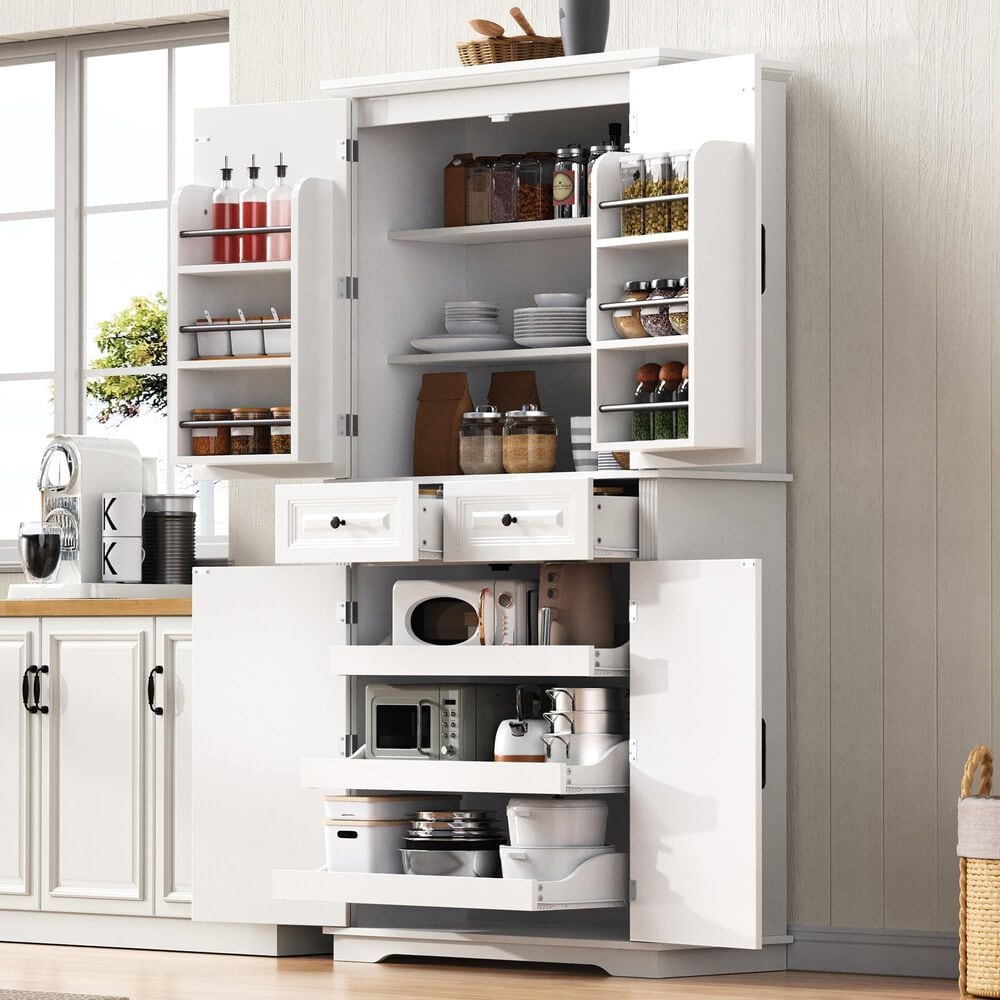 HOMLUX HOMLUX 71" Tall Kitchen Pantry Cabinet with 3 Pull Out Cabinet Organizers, Farmhouse Embossed Texture Storage Cabinet with 6 Door Shelves, 2 Drawers, Freestanding Cupboard for Kitchen, Dining Room White, , large