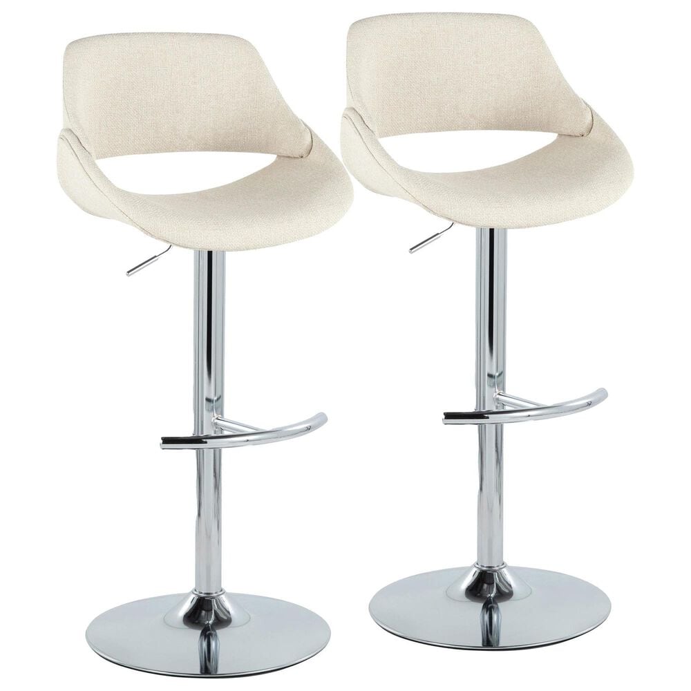 LumiSource Fabrico Swivel Adjustable Bar Stool with Cream Noise Fabric Upholstery and Rounded T Footrest in Chrome (Set of 2), , large