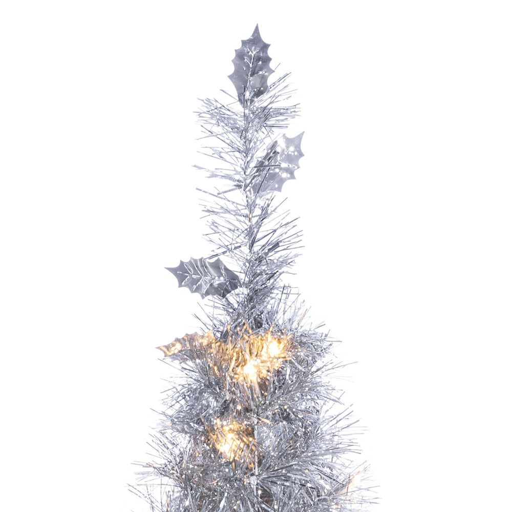 The Gerson Company 4&#39; Pop-Up LED Silver Tinsel Tree with Holly Leaves in Silver, , large