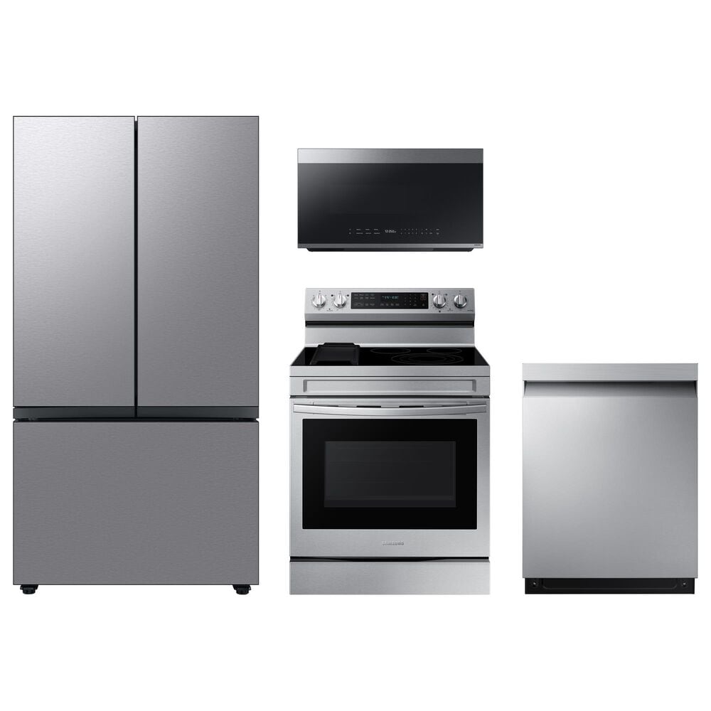 Samsung 4-Piece Kitchen Package with 30 Cu. Ft. French Door Refrigerator with Beverage Center and 6.3 Cu. Ft. Smart Freestanding Electric Range in Stainless Steel, , large
