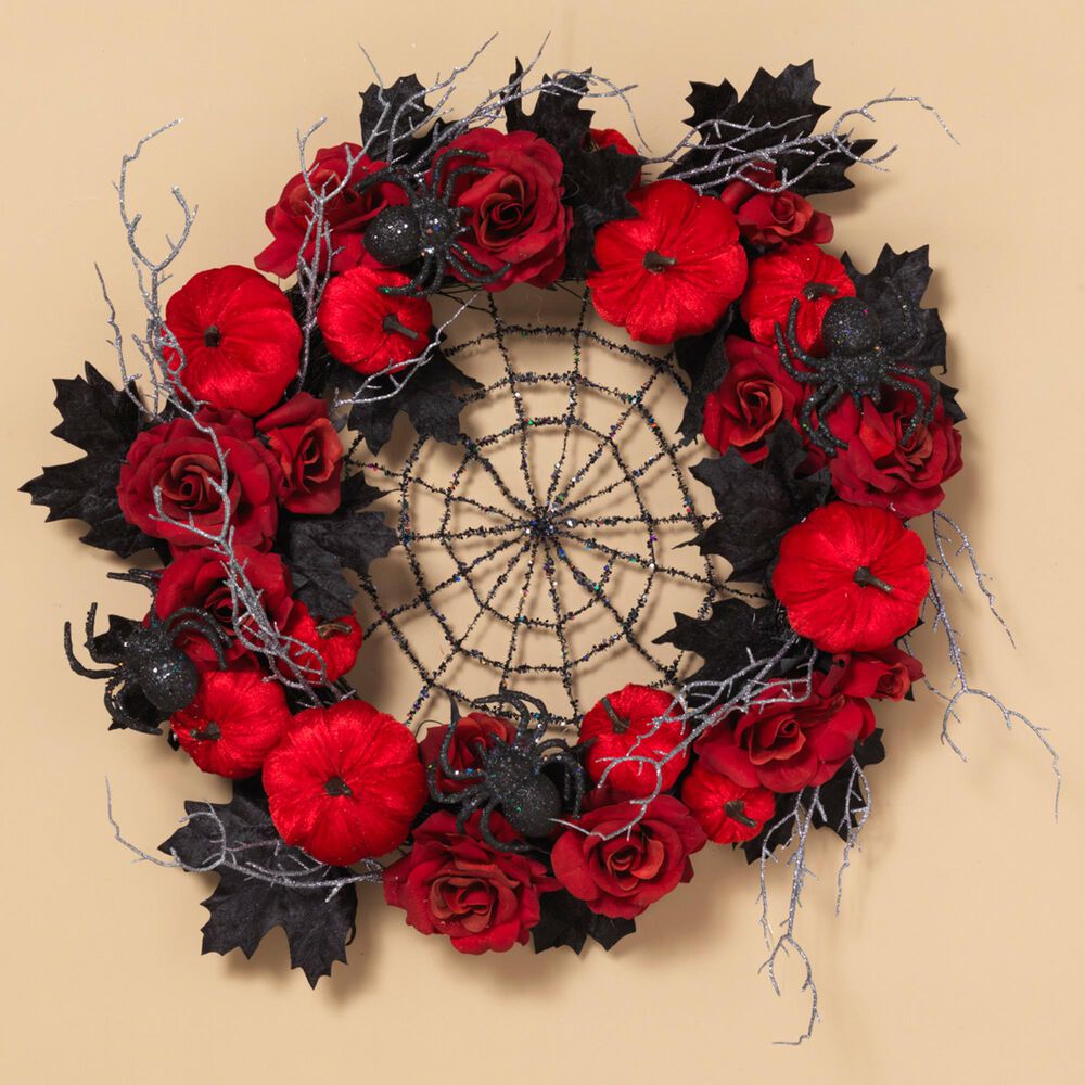 The Gerson Company 24" Halloween Spiderweb Wreath in Red, , large