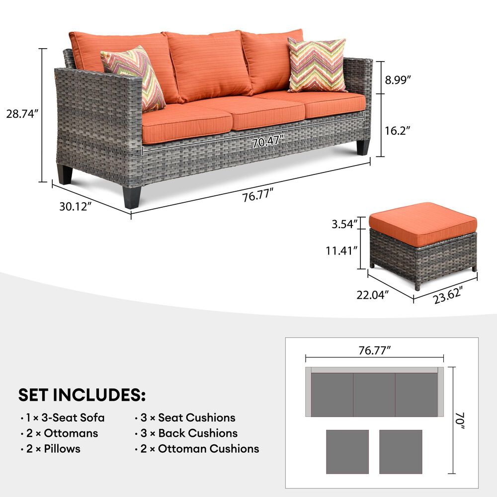 HOMLUX 3-Piece 77" Patio Sofa and Ottoman Set in Orange, , large