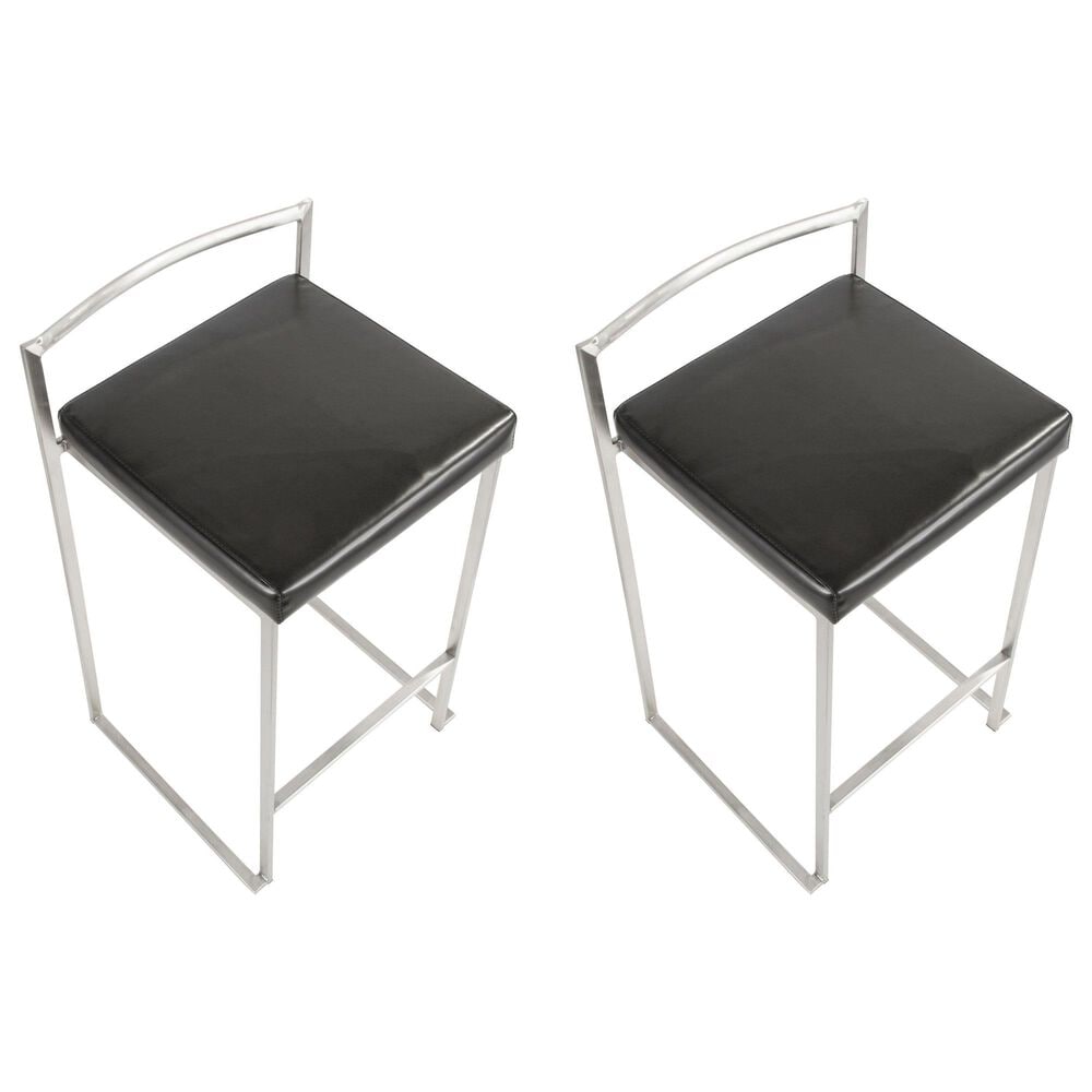 LumiSource Fuji Stackable Counter Stool with Black Faux Leather in Brushed Stainless Steel &#40;Set of 2&#41;, , large