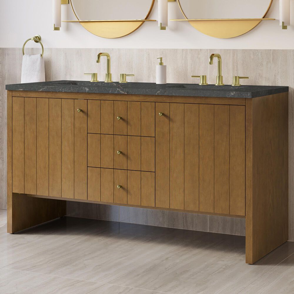 James Martin Hudson 60" Double Bathroom Vanity in Honey Oak with 3 cm Parisien Bleu Silestone Top and Rectangular Sinks, , large