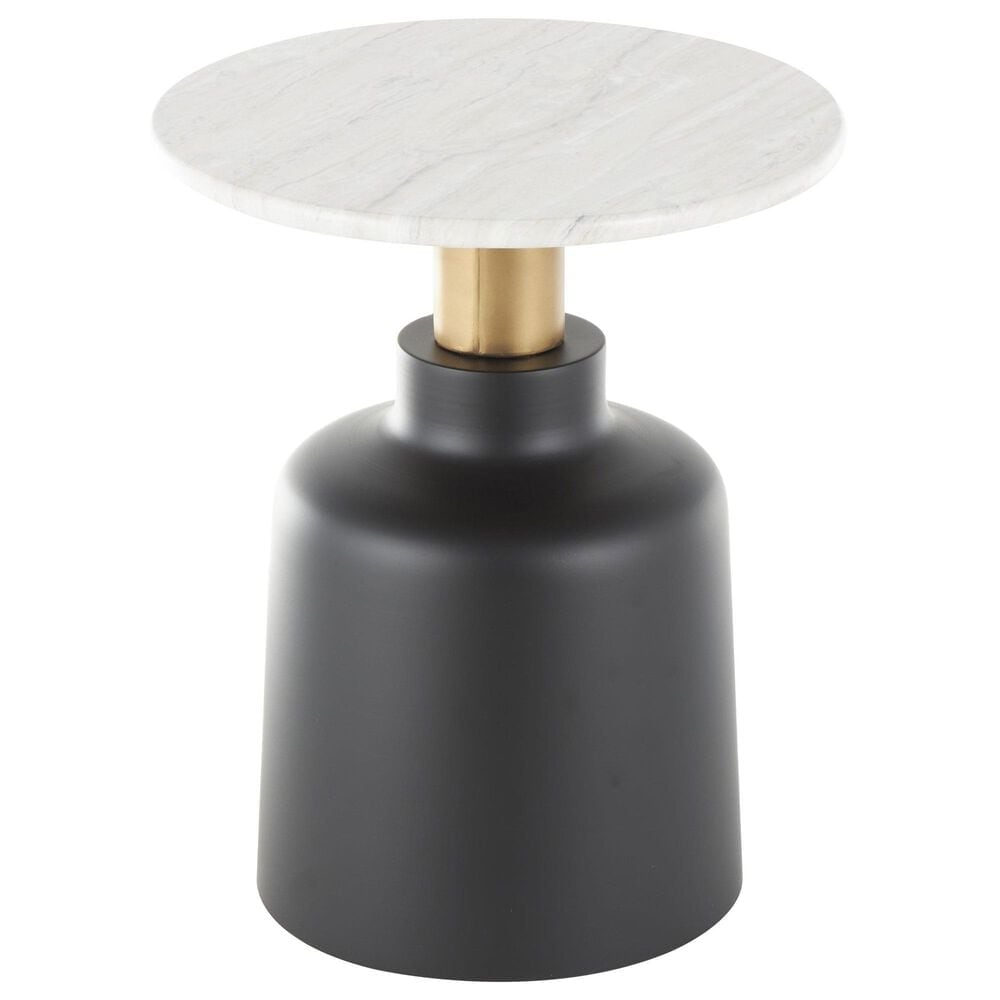 Maple and Jade Pedestal End Table with Faux Marble Top in Matte Black, White and Gold, , large