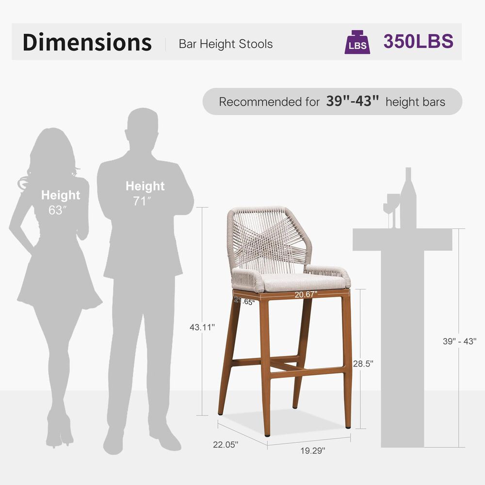 HOMLUX Outdoor Bar Stool with Teak Frame in Grey and Beige (Set of 2), , large