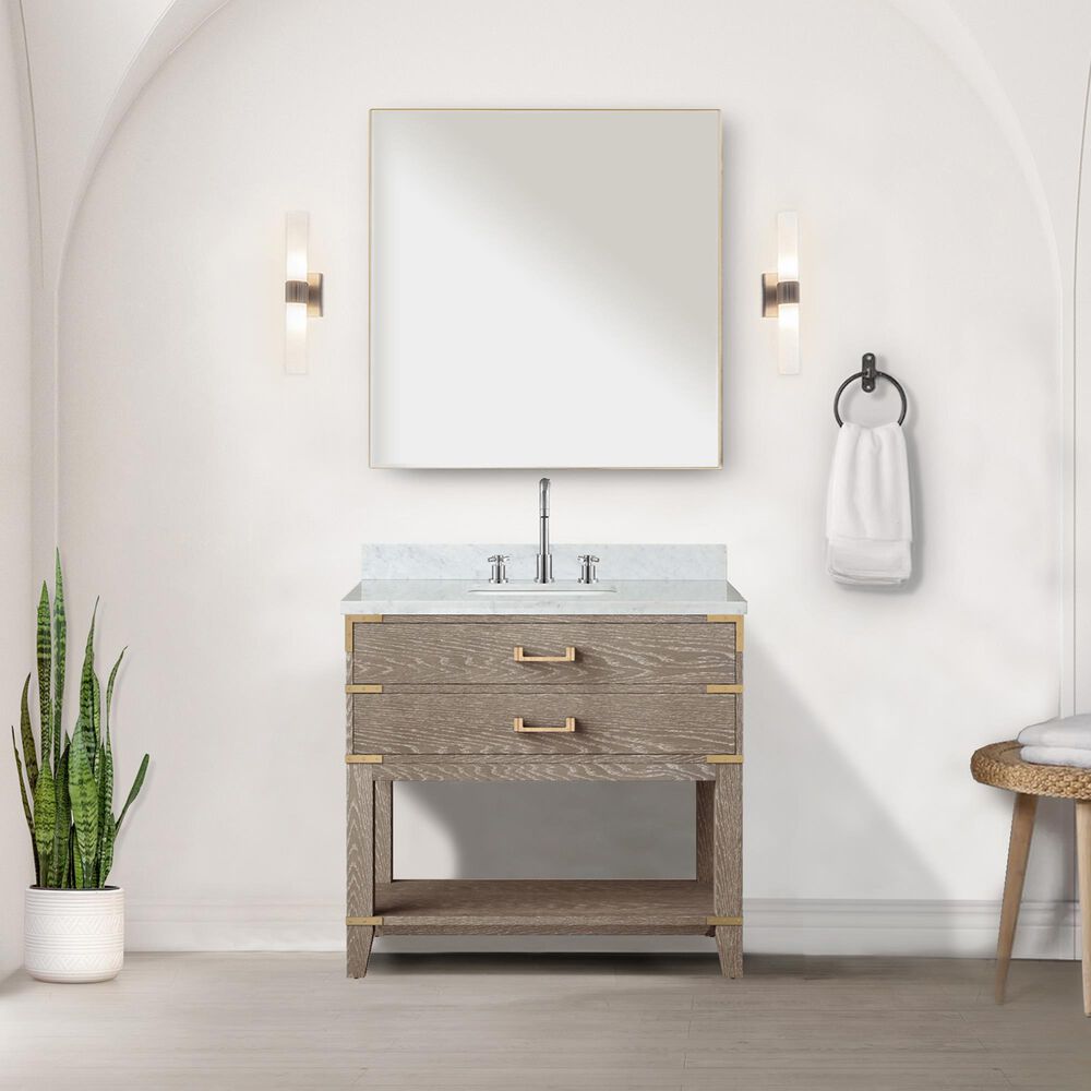 Lexora Home Norwalk 36&quot; Single Bathroom Vanity in Grey Oak with White Carrara Marble Top  and Rectangle Sink, , large