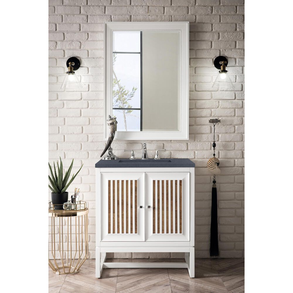 James Martin Vanities Athens 30&quot; Single Bathroom Vanity in Glossy White with 3 cm Charcoal Soapstone Quartz Top and Rectangular Sink, , large