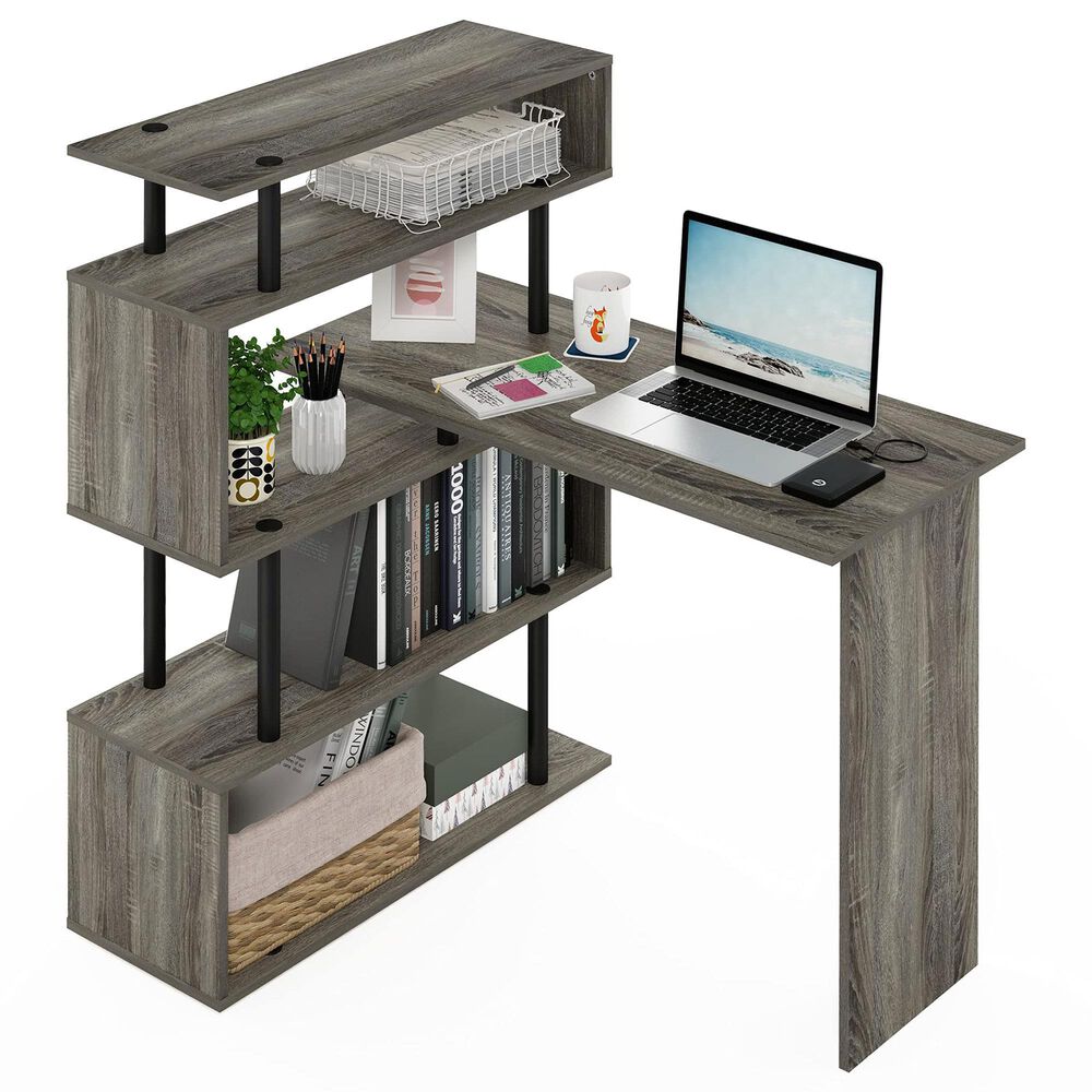 HOMLUX 5-Tier Shelves L-Shape Computer Desk in French Oak Grey and Black, , large