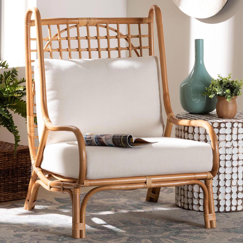 Baxton Studio Helina Accent Chair with Light Honey Rattan in White, , large