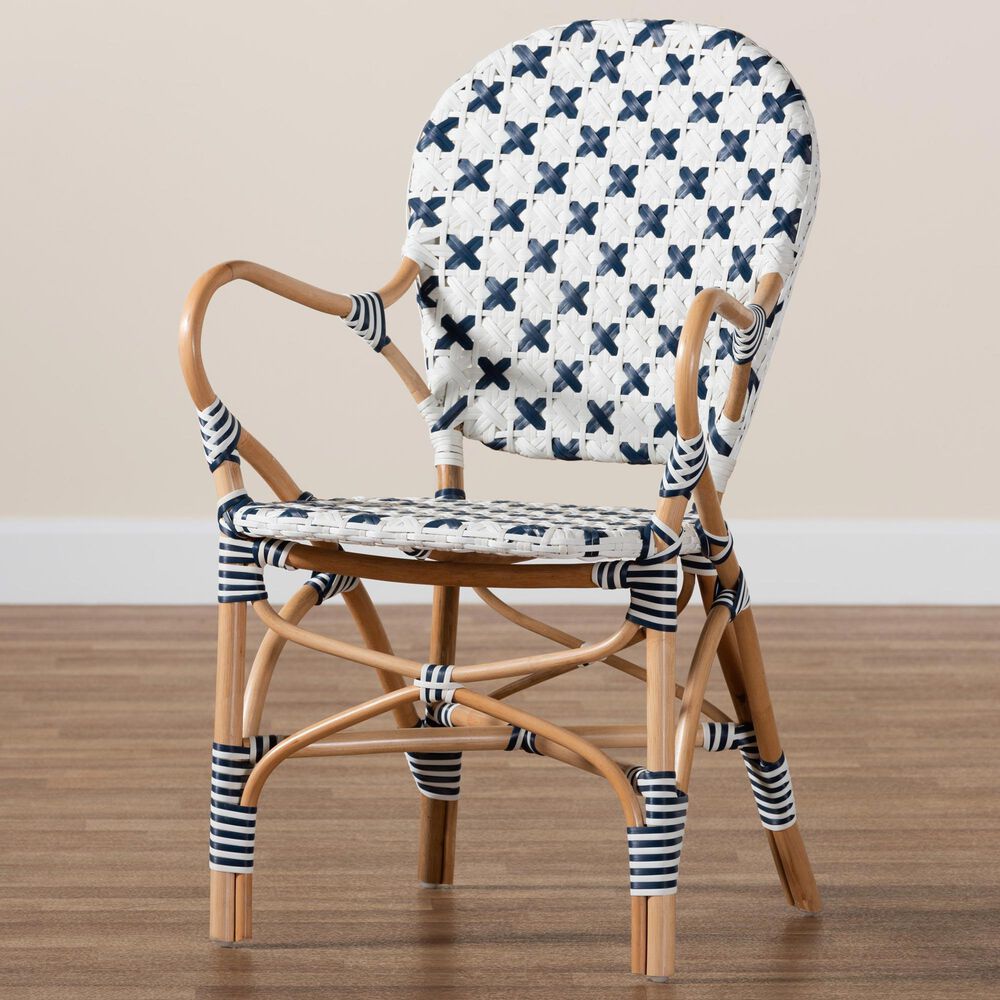 Baxton Studio Bryson Arm Chair in Natural Brown, Blue and White, , large