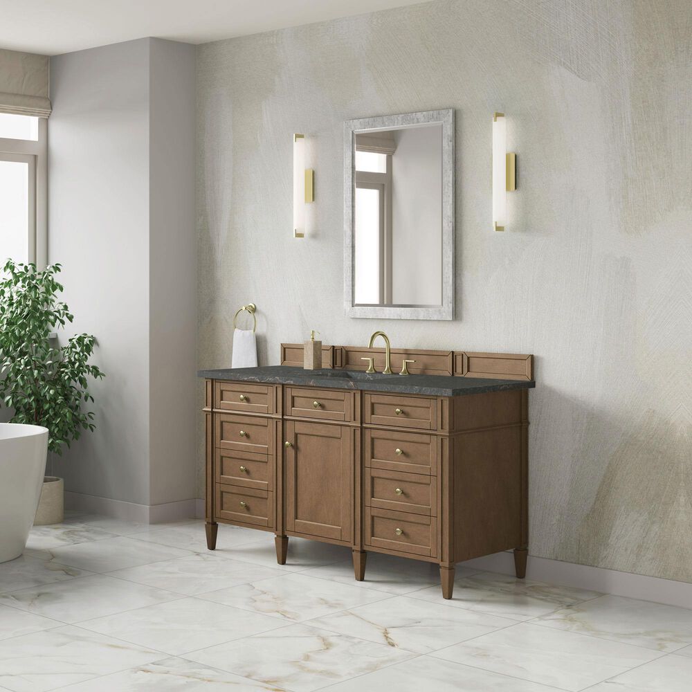 James Martin Brittany 60" Single Bathroom Vanity in Pecan with 3 cm Parisien Bleu Silestone Top, Rectangular Sink and FreePower Wireless Charger, , large