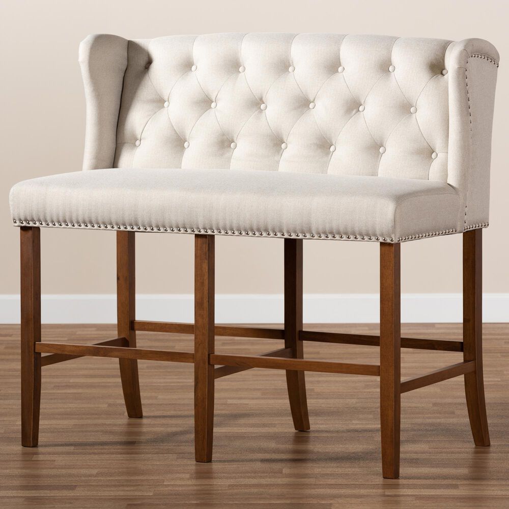 Baxton Studio Alira Bar Stool Bench with Beige Cushion in Walnut, , large