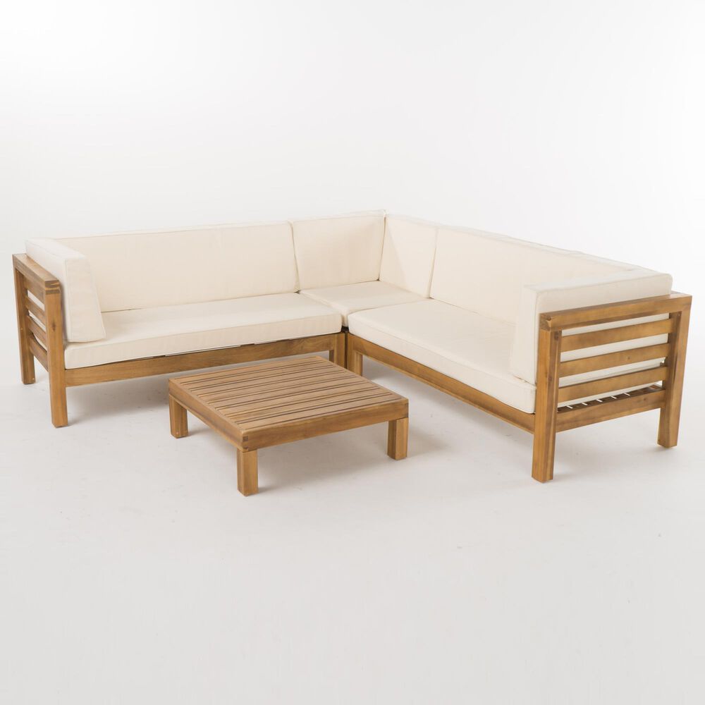 Noble House Oana 4-Piece Patio Sectional Set with Beige Cushion in Teak Brown, , large