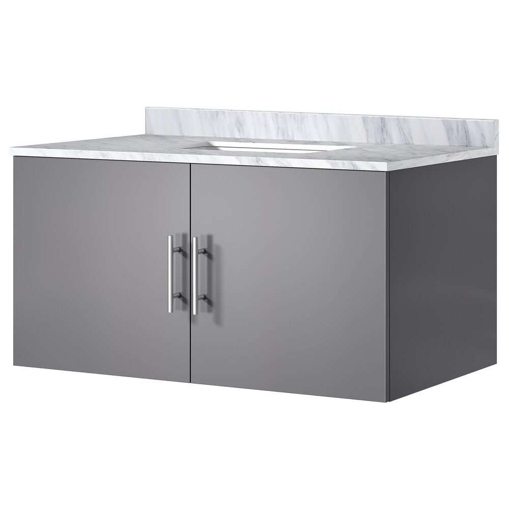 Lexora Home Geneva 36" Single Bathroom Vanity in Dark Grey with 2 cm White Carrara Marble Top and Rectangular Sink, , large