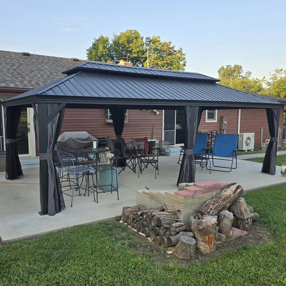 HOMLUX 24-ft x 12-ft Double Roof Outdoor Patio Gazebo in Gray with Hardtop Roof (Screen Included), , large