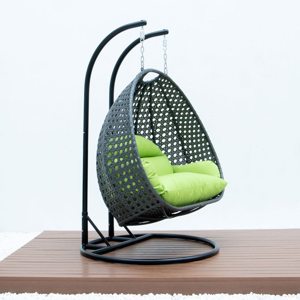 Leisuremod Patio 2-Seat Hanging Egg Swing Chair with Light Green Cushion in Charcoal, , large