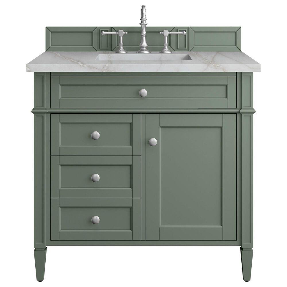 James Martin Vanities Brittany 36" Single Bathroom Vanity in Smokey Celadon with 3 cm Victorian Silver Quartz Top and Rectangular Sink, , large