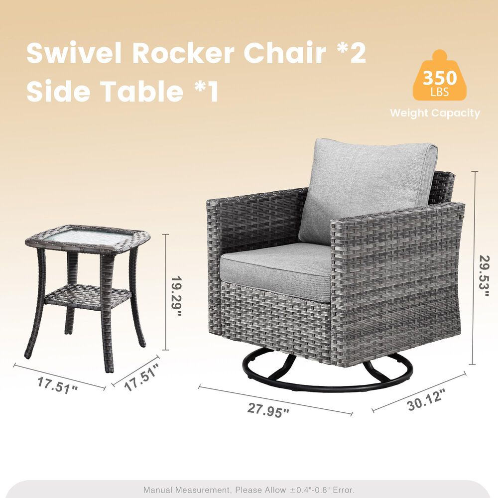 HOMLUX 3-Piece Patio Conversation Set with Square-Arm Swivel Rocking Chairs in Dark Gray, , large