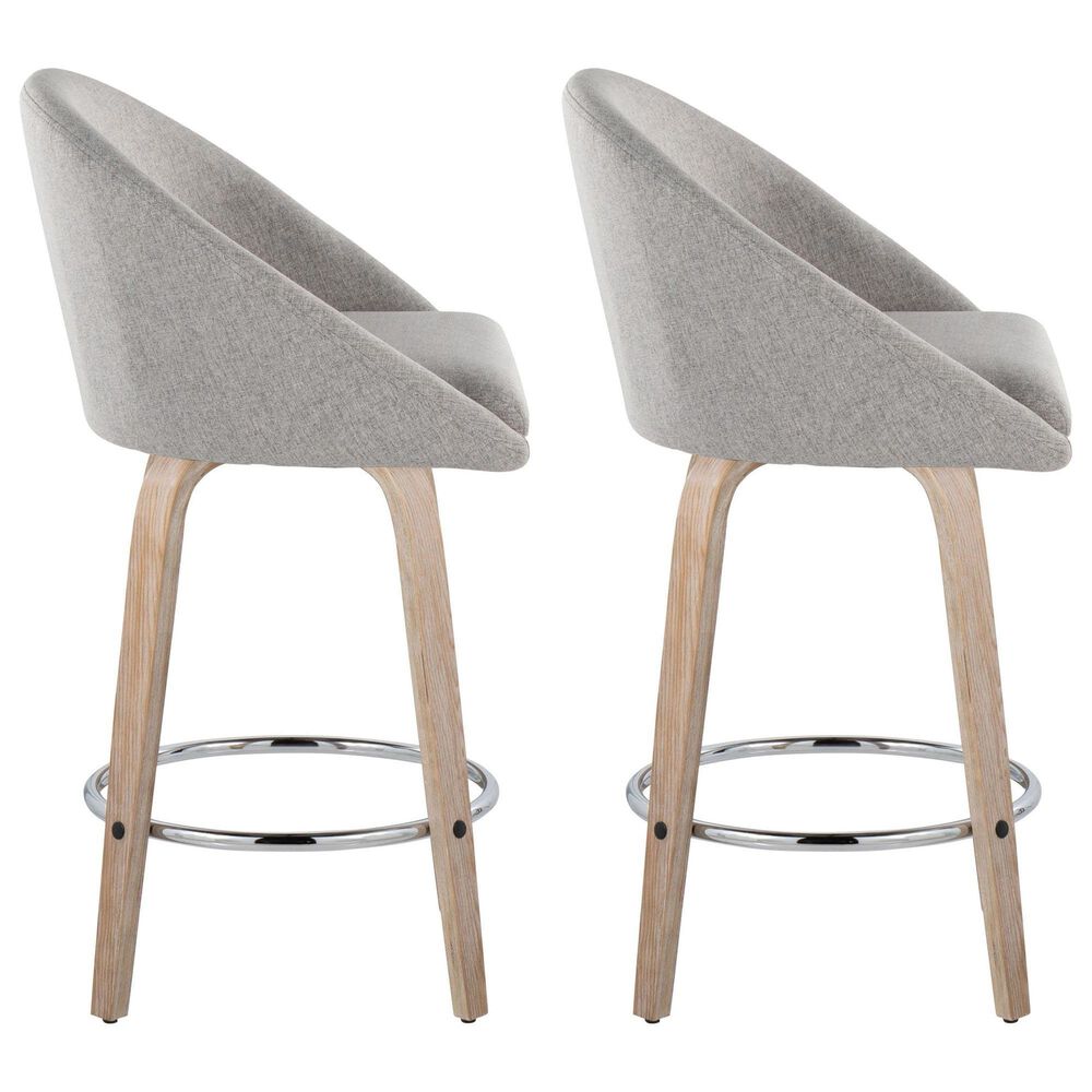 LumiSource Matisse 26" Swivel Counter Stool with Grey Fabric Upholstery in Whitewashed and Chrome (Set of 2), , large