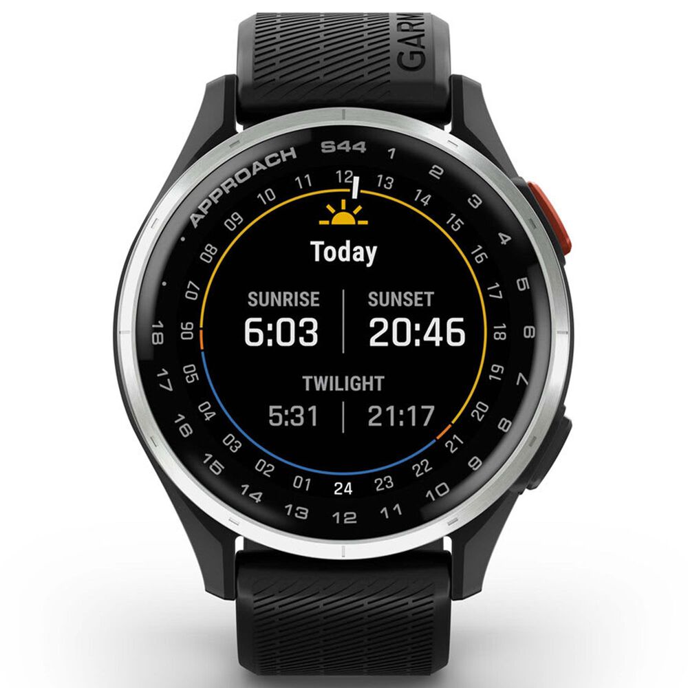 Garmin Approach S44 43mm Golf Smartwatch Silver Aluminum Bezel Case with Black Silicone Band, , large