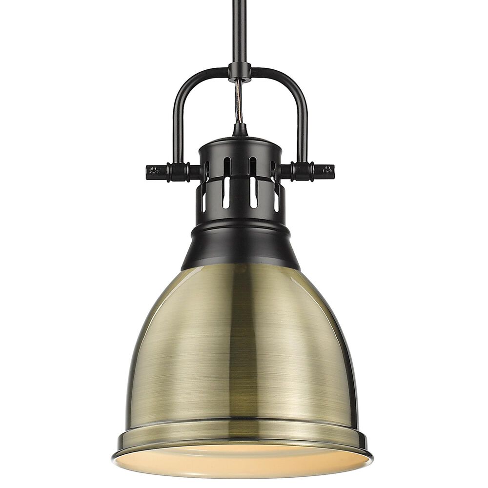 Golden Lighting Duncan 1-Light Small Pendant with Rod and Aged Brass Shade in Matte Black, , large