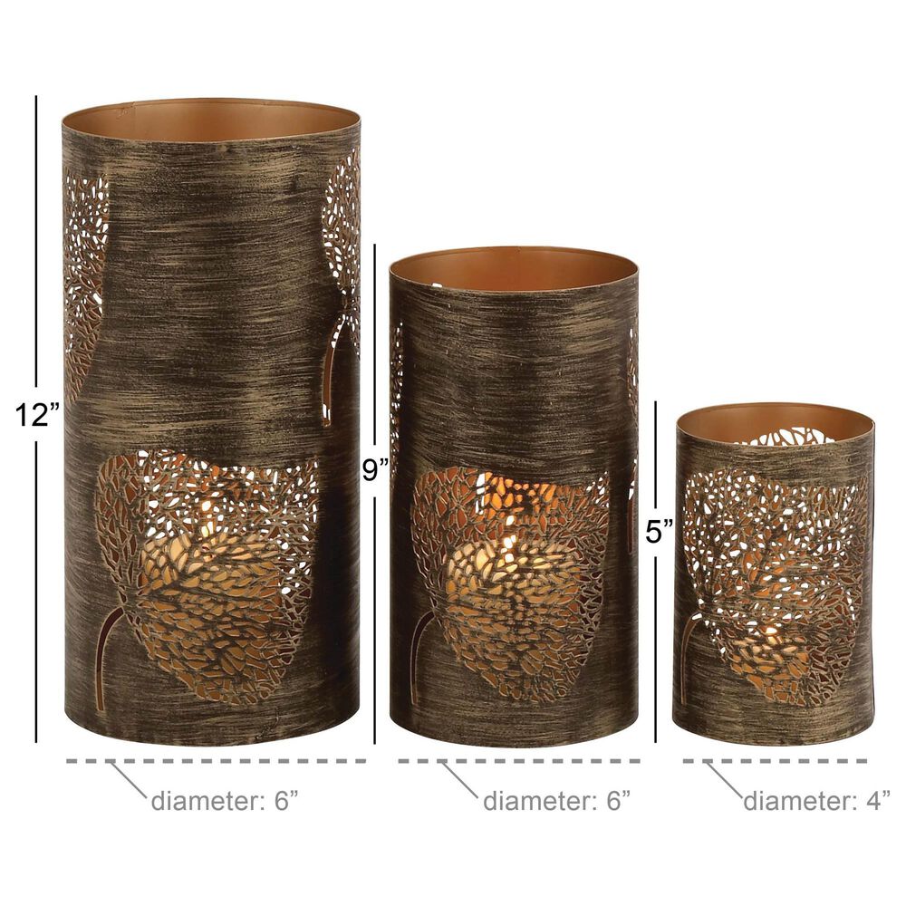 Maple and Jade Leaf Decorative Indoor/Outdoor Candle Lantern in Brushed Copper &#40;Set of 3&#41;, , large