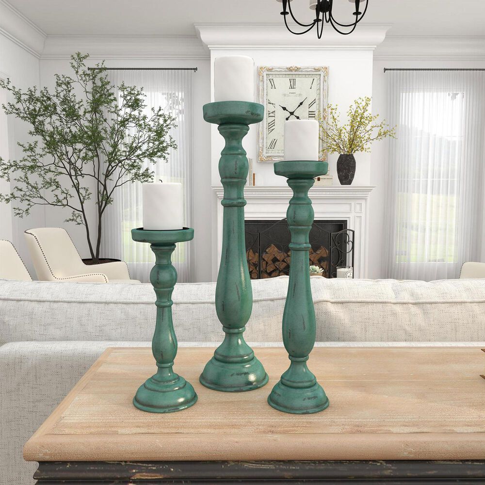 Maple and Jade Turned Pillar Decorative Candle Holder in Distressed Teal and Brown &#40;Set of 3&#41;, , large