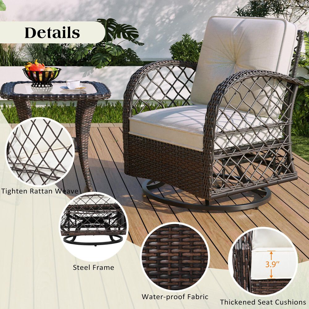Hearth and Haven 3-Piece Patio Chat Set with Beige Cushion in Brown, , large