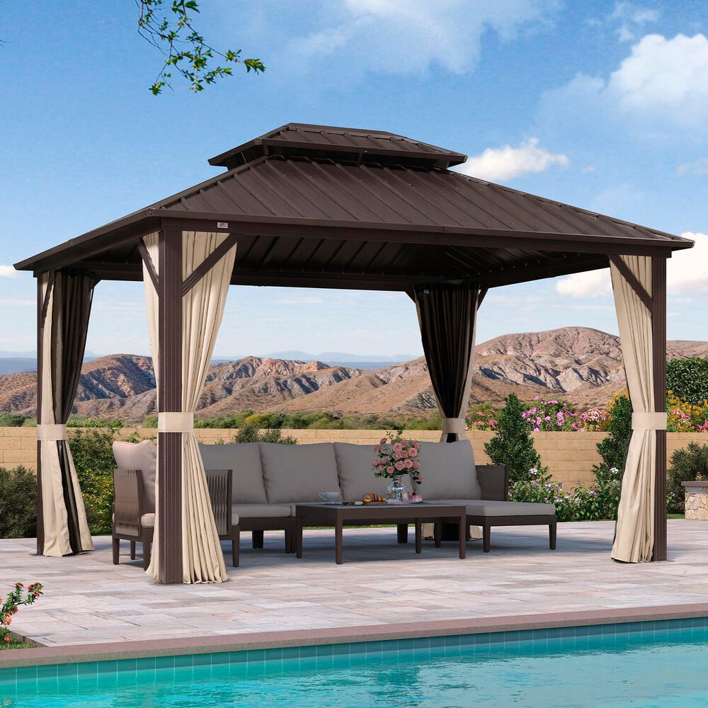 HOMLUX 10' x 12' Outdoor Hardtop Gazebo with Galvanized Steel Double Roof in Brown, , large