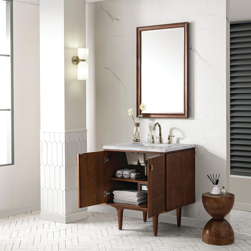 James Martin Vanities Amberly 30&quot; Single Bathroom Vanity in Mid-Century Walnut with 3 cm Victorian Silver Quartz Top and Rectangular Sink, , large