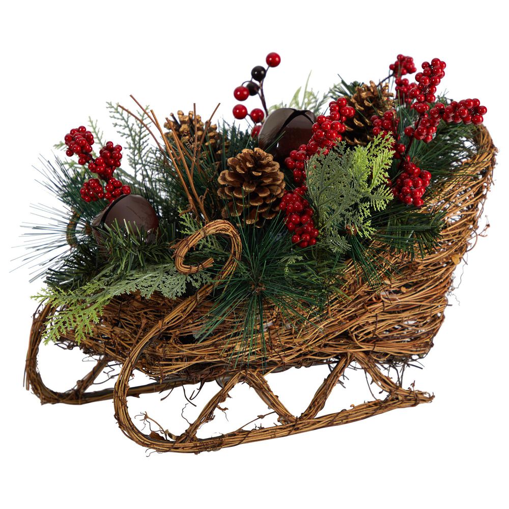 Nearly Natural Inc 18in. Christmas Sleigh with Pine, Pinecones and Berries Artificial Christmas Arrangement, , large