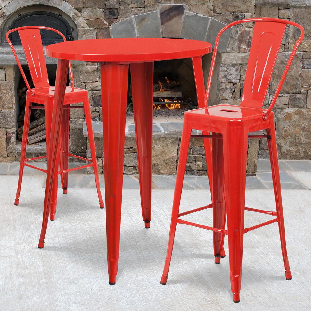 Flash Furniture 3-Piece Metal Round Bar Table Set in Red, , large