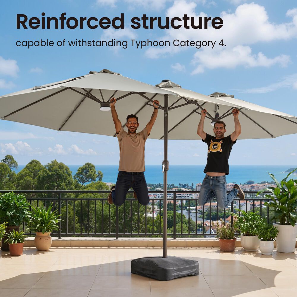 HOMLUX 15' Double-Sided Outdoor Market Umbrella with Sandbag Base and White LED Beads in Light Gray, , large