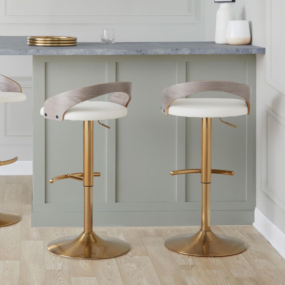 LumiSource Grotto Swivel Barstool with White Faux Leather Upholstery in Gold and Light Grey (Set of 2), , large