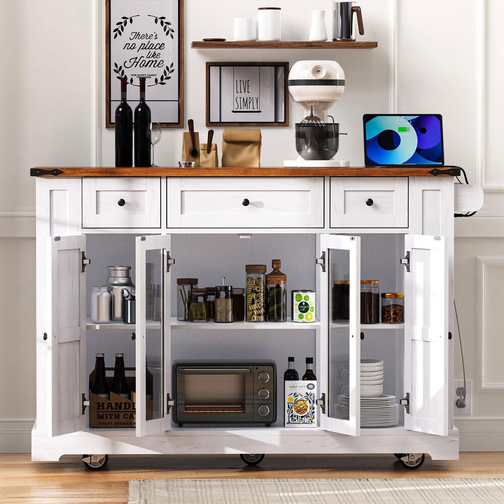 HOMLUX 53" Kitchen Island with Two Tempered Glass Cabinet Door in White, , large